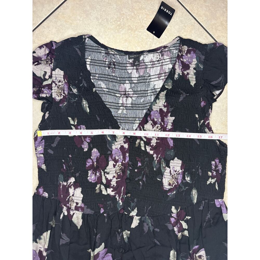 New Torrid Smocked Tiered Maxi Dress Black Purple V-Neck Cap Sleeve Sz 2X - Picture 5 of 5